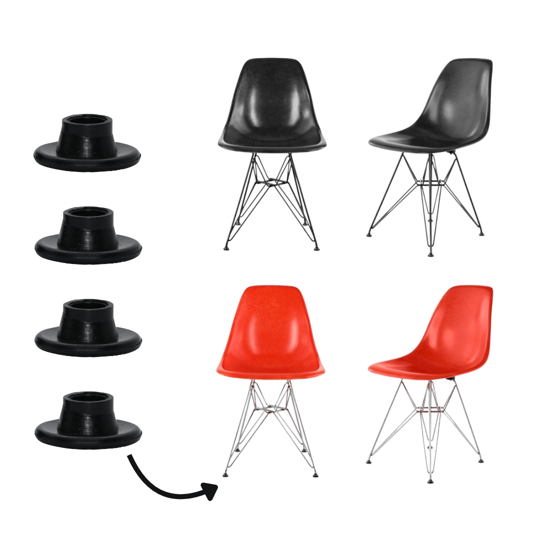 Set of 4 black replacement feet/glides for Eames and Virta Eiffel Tower chairs, compatible with red and black molded plastic chairs