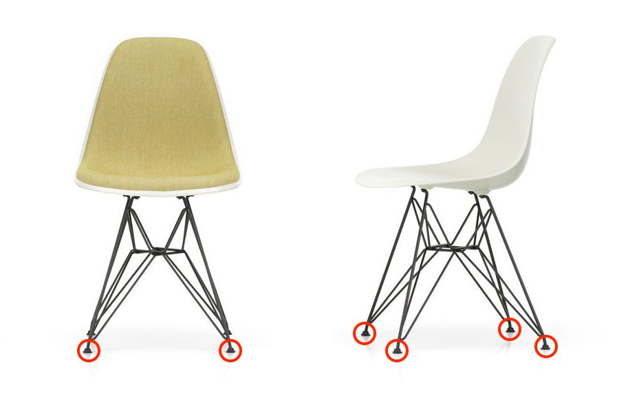 Eames chair with Virta Eiffel Tower base, showing black replacement feet installed on all four legs