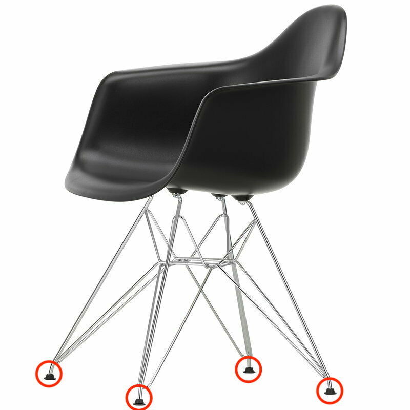 Side view of an Eames chair with black replacement glides installed on a Virta Eiffel Tower base