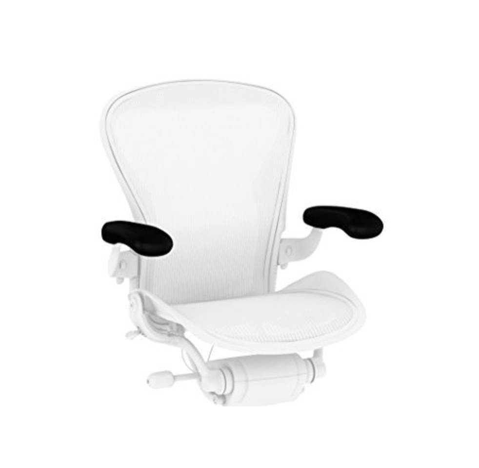 Herman Miller Aeron chair showing black replacement arm pads installed on both armrests