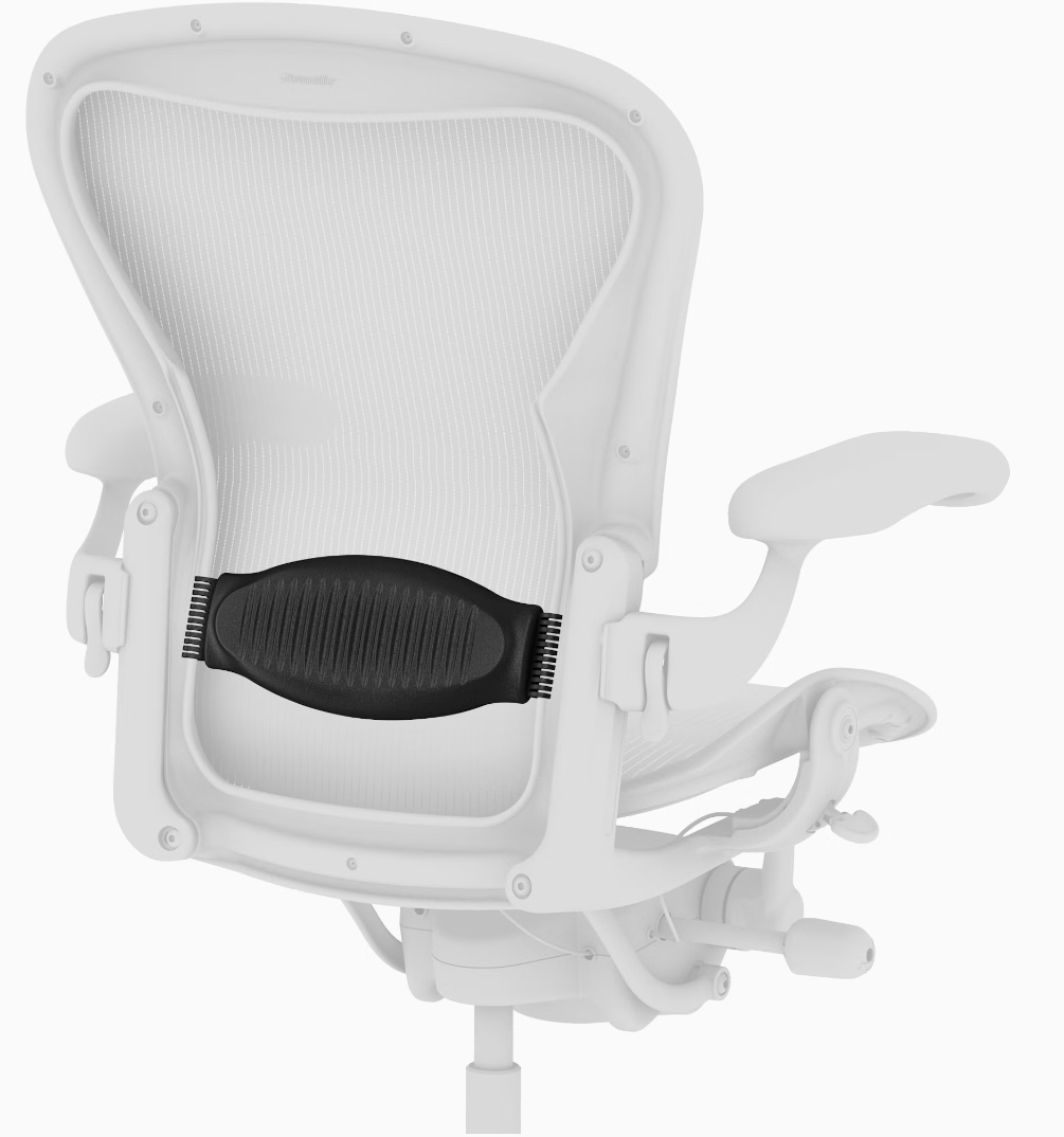 Illustration of a replacement lumbar support installed on a white Herman Miller Aeron office chair.