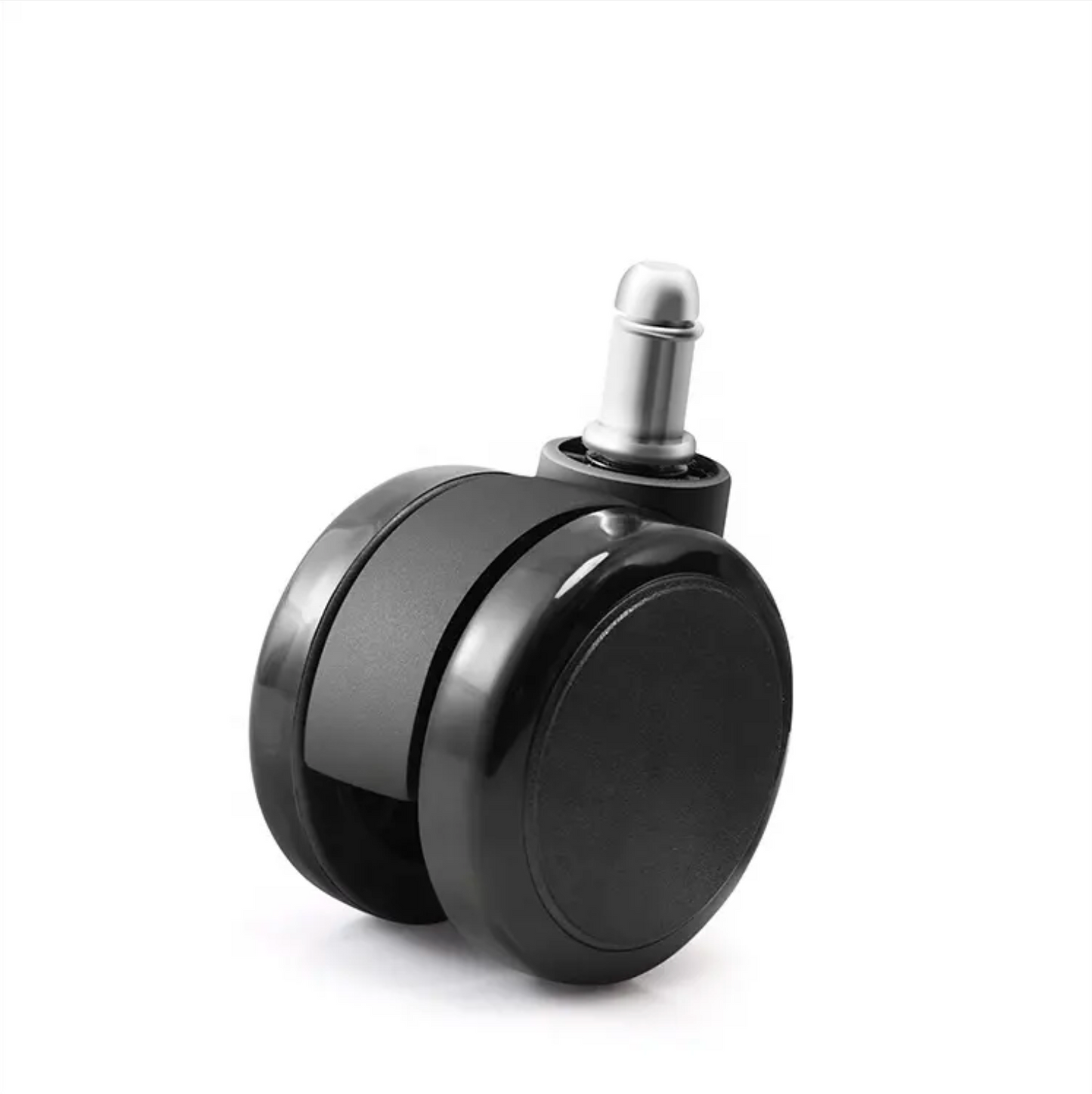 Close-up of a single black soft caster wheel with a metal pin attachment, ideal for office chairs on hard floors like wood and laminate.