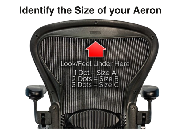 Guide to identifying Herman Miller Aeron chair size by dots under the seat: 1 dot for size A, 2 dots for size B, 3 dots for size C