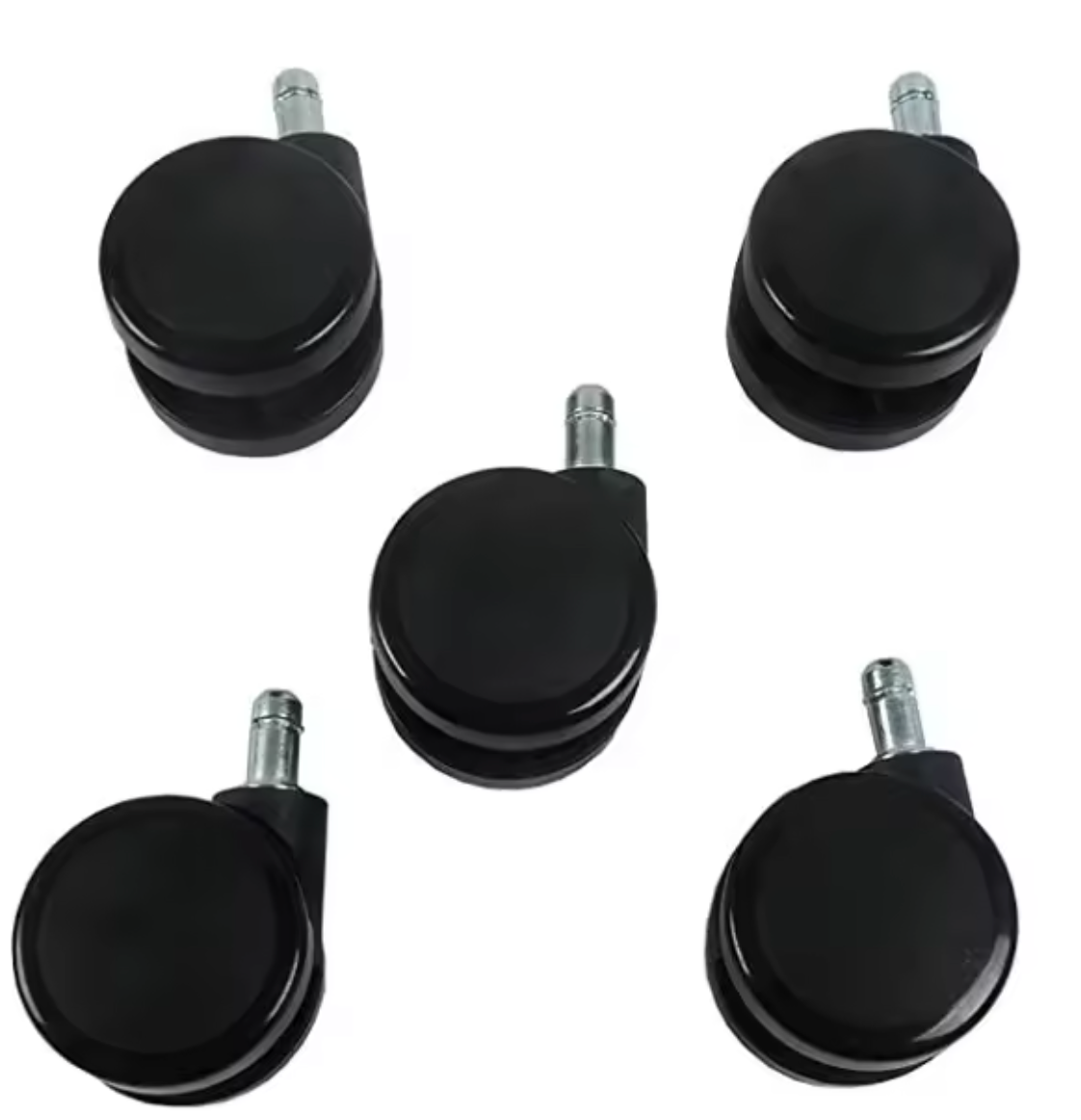 Set of 5 black soft caster wheels for ergonomic office chairs, designed for smooth and quiet mobility on hard floors such as wood and tile.